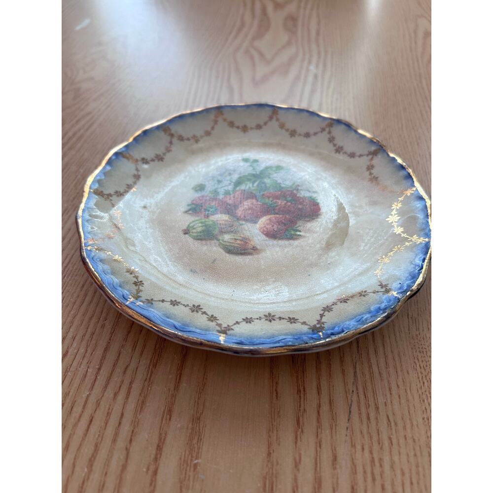 Vintage Antique Porcelain Plate with Raspberries Gold Trimmed